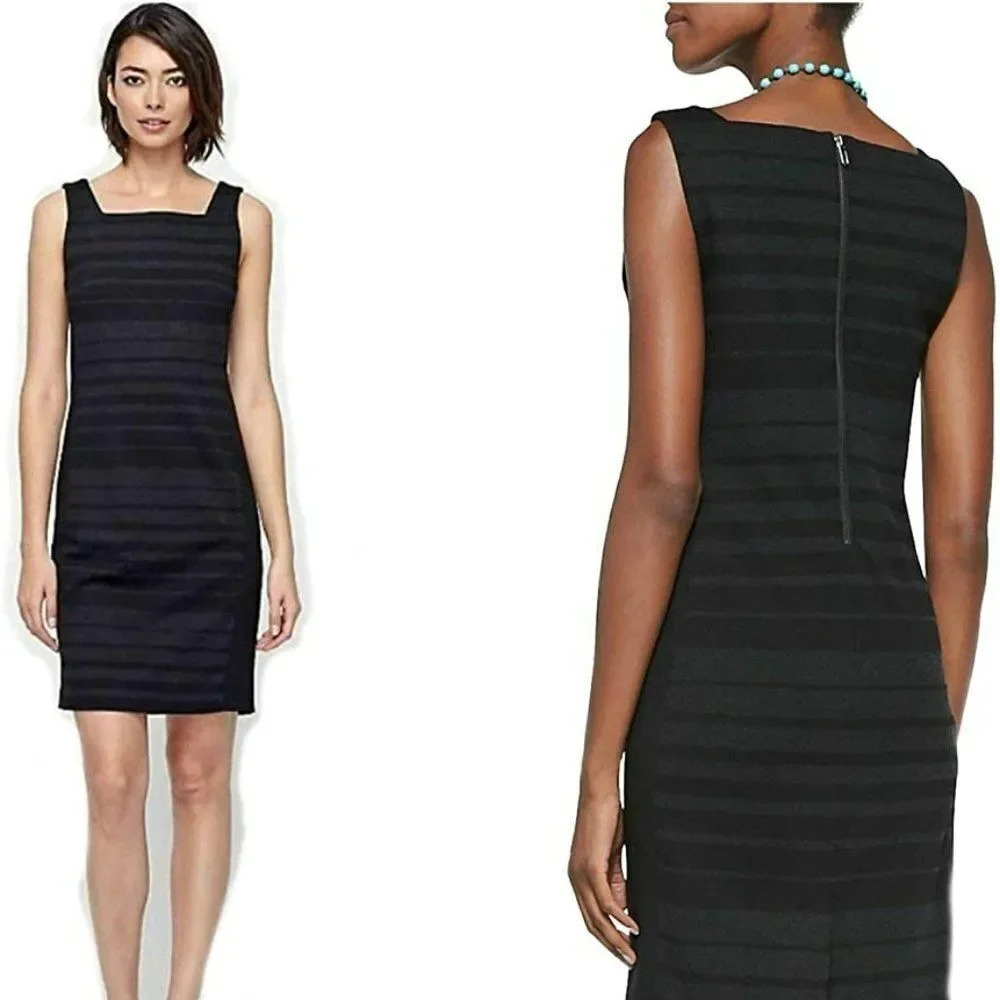 Eileen Fisher Women's Charcoal Black Striped Ponte Square Neck Dress Size 2